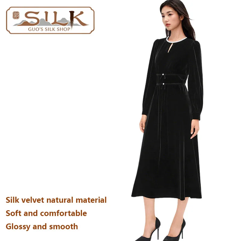 

High-end Silk Velvet Women's Dress with Hepburn-style Elegant Graceful Pearl Collar Comfortable, Soft and Delicate