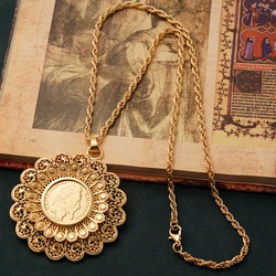 Round Flower Shape Coin Pendant for Women Algerian Wedding Necklace 60cm Long Chain Napoleon Figure French Coin Jewelry