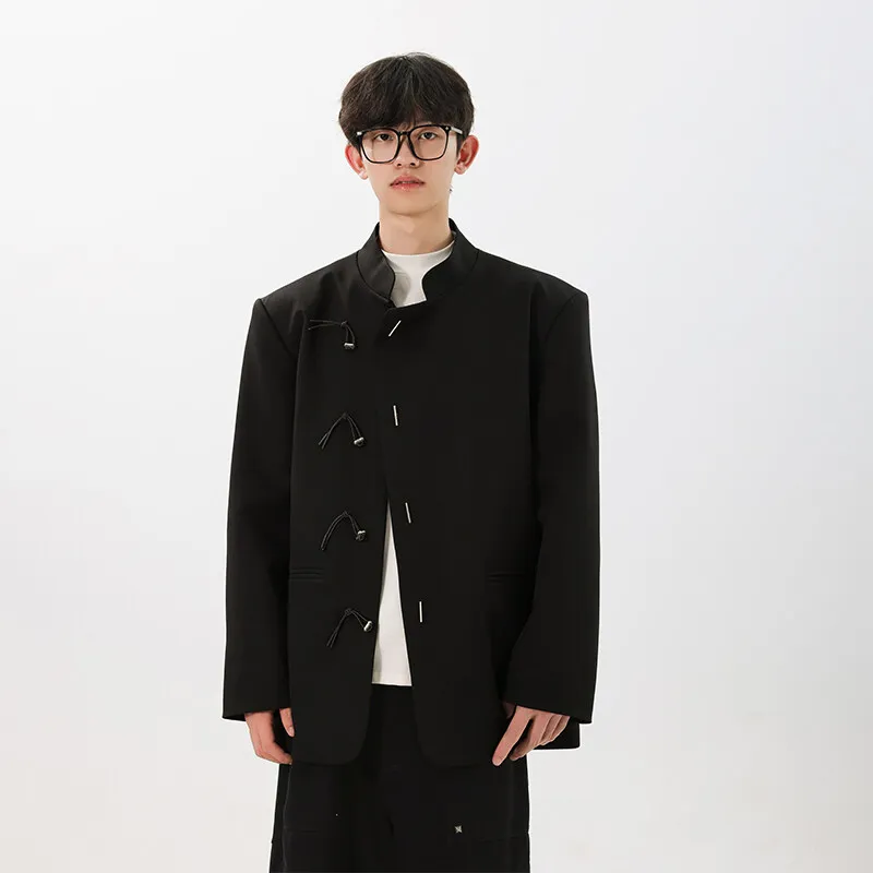 

Men Fashion Streetwear Vintage Stand Collar Loose Casual Black Suit Blazer Jacket Couple Spring Autumn Coat Outerwear