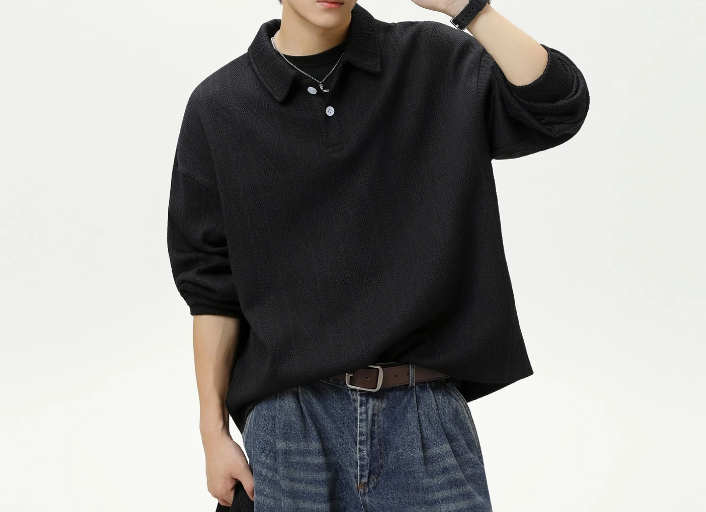 New Wheat Ear Pattern Texture Solid Color Clothes POLO Shirt Men's Retro Loose
