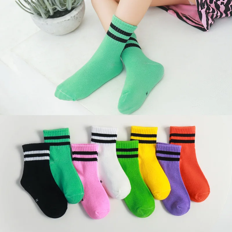 1-12 Yrs Children Socks Candy Color Breathable Cotton Boys Girls Sports Socks Black Strips Spring and Autumn Students Tube Socks