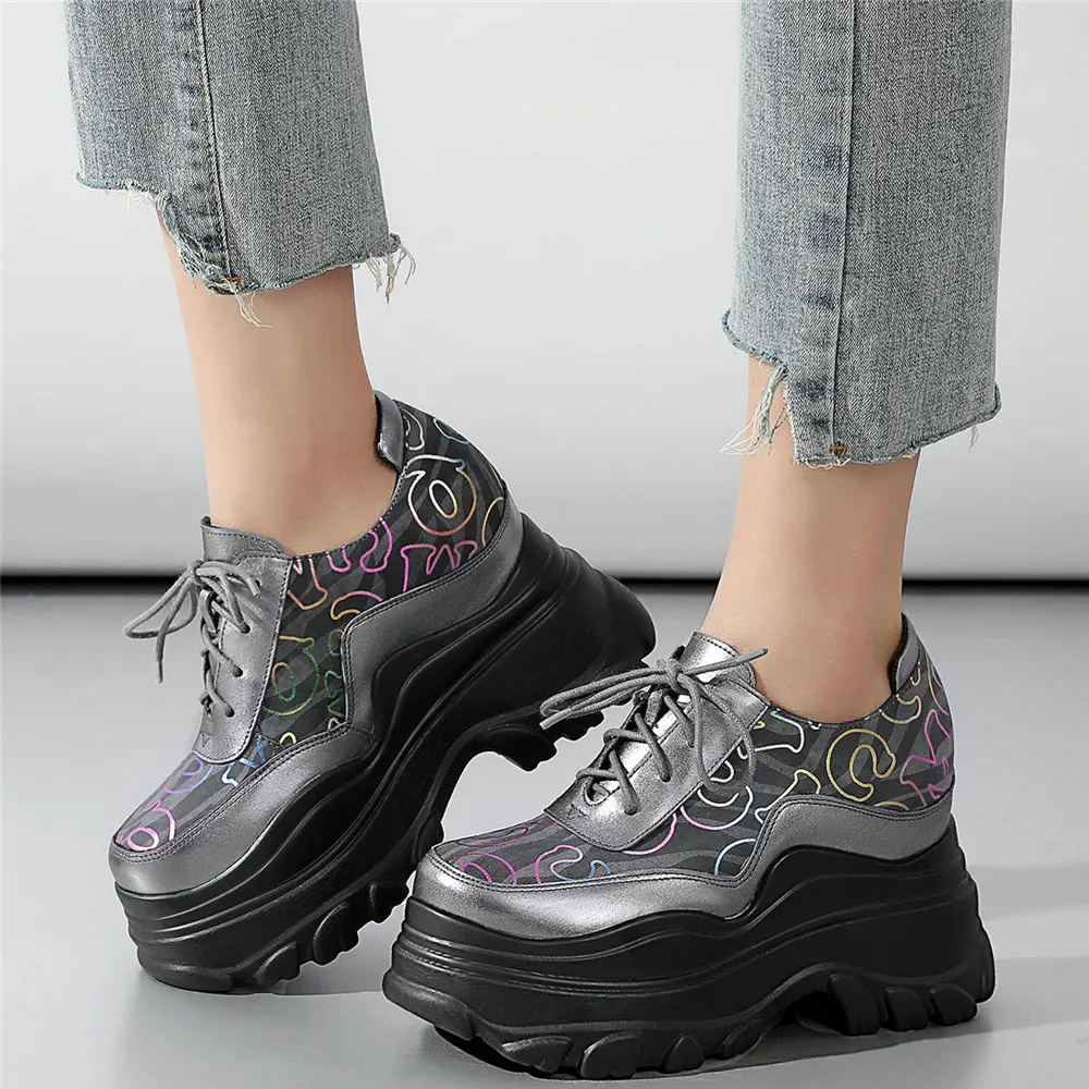 

Fashion Sneakers Women Lace Up Genuine Leather Chunky High Heels Motorcycle Boots Female Round Toe Platform Pumps Casual Shoes