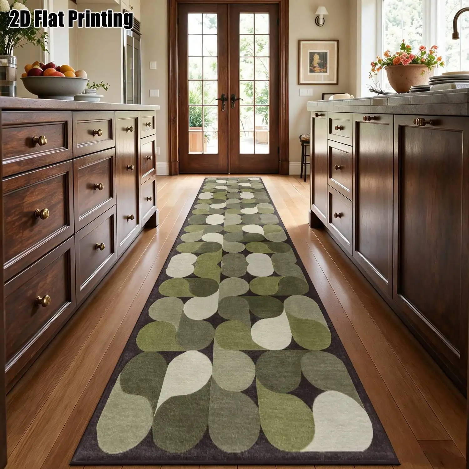 1Pc 2D Printed Strip Track Carpet, Green Geometric Patterns Nordic/Modern Minimalist/European/Bohemian Style, Home Decor, Multi-Size, Machine Washable, for Entryway, Hallway, Living Room, Bedroom.