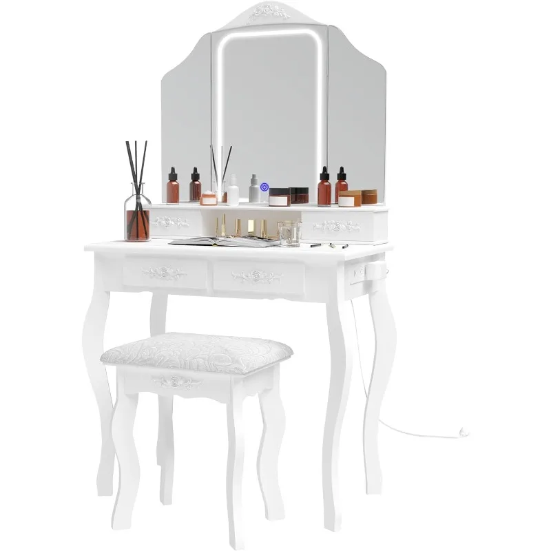 LED Lighted Mirror & Power Outlet, Makeup Vanity Dressing Table with 4 Drawers, 3 Lighting Modes Adjustable Brightness,