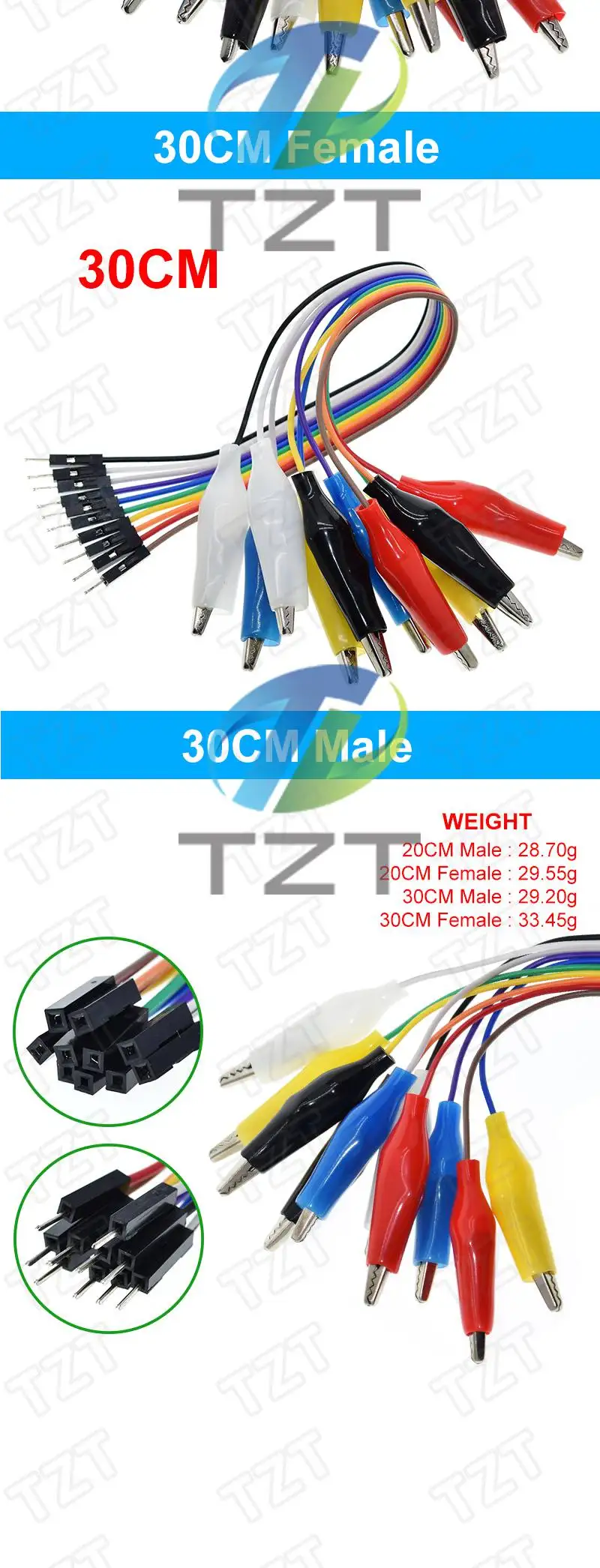 TZT 20cm 30cm 10-Pin Doppelend-Krokodilklemmen Jumperkabel Stecker-Buchse Krokodilklemme Testleitung Verbindungskabel – Detail 7