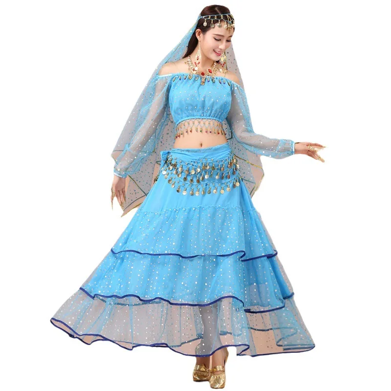 

Adult Women Bollywood India Dance Costume Set Ladies Chiffon Belly Dance Ethnic Outfit Set Stage Performance Clothes Sets