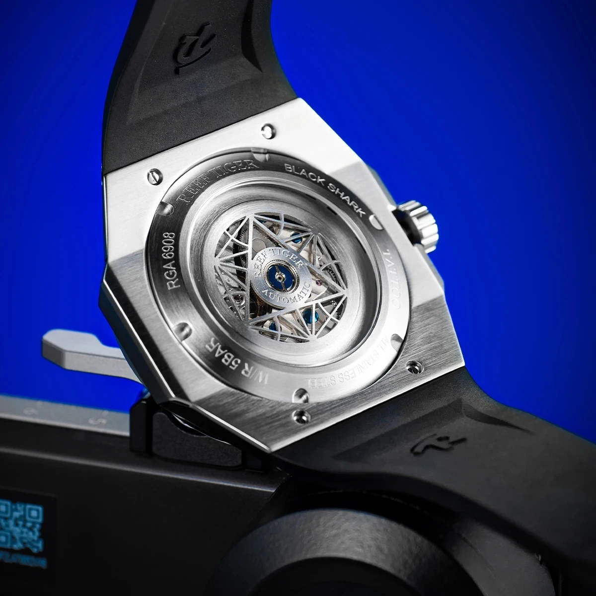 Reef Tiger/RT Black Shark Series relojes deportivos para hombres, reloj mecánico automático multifunción hexagonal de acero, resistente al agua
