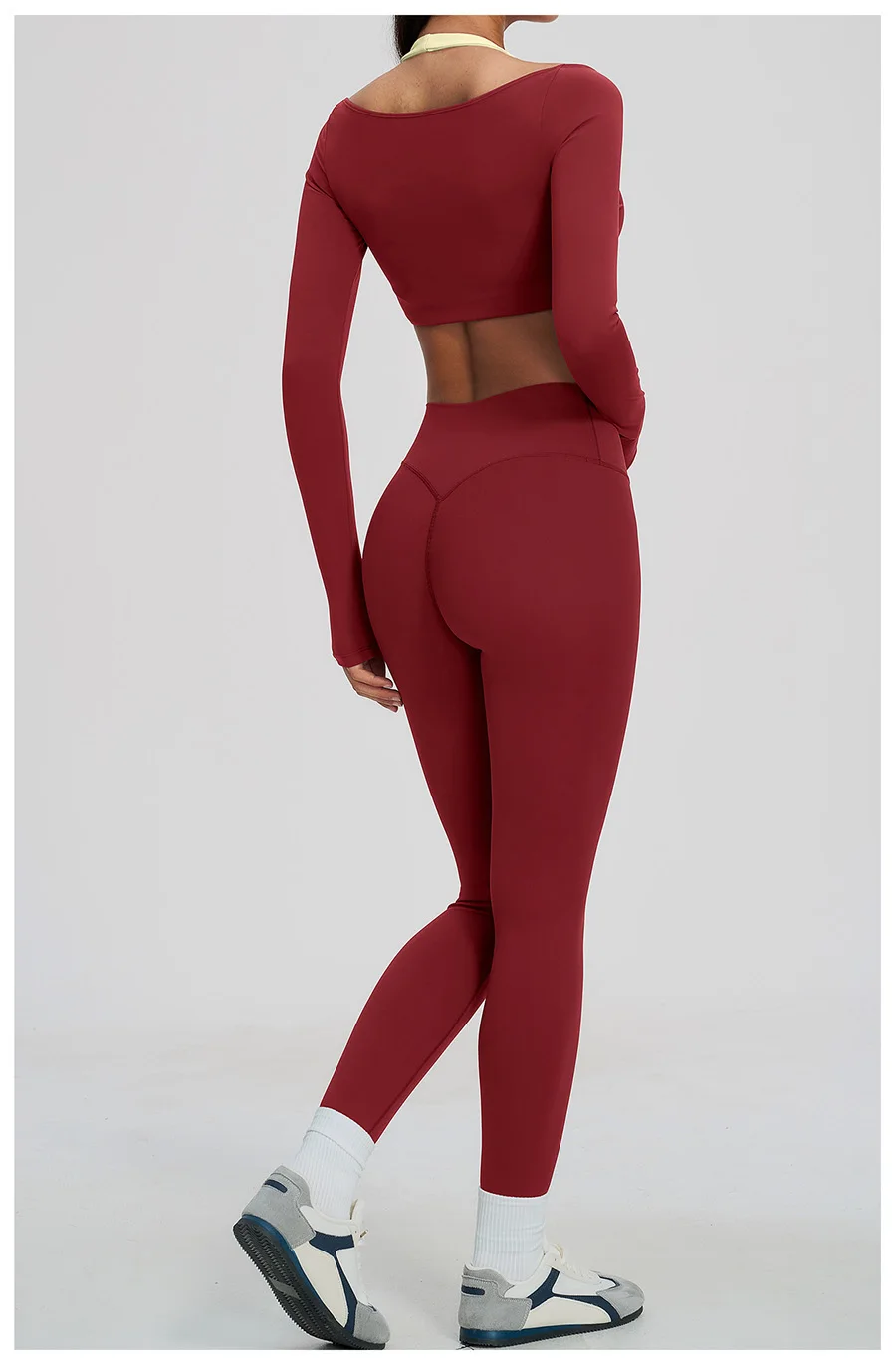 Yoga-Set 2-teilig, Fitnessbekleidung, Trainingsanzug, Lauf-Sportbekleidung, Outfit, hochtailliert, weites Bein, langärmeliges Crop-Top – Detail 8