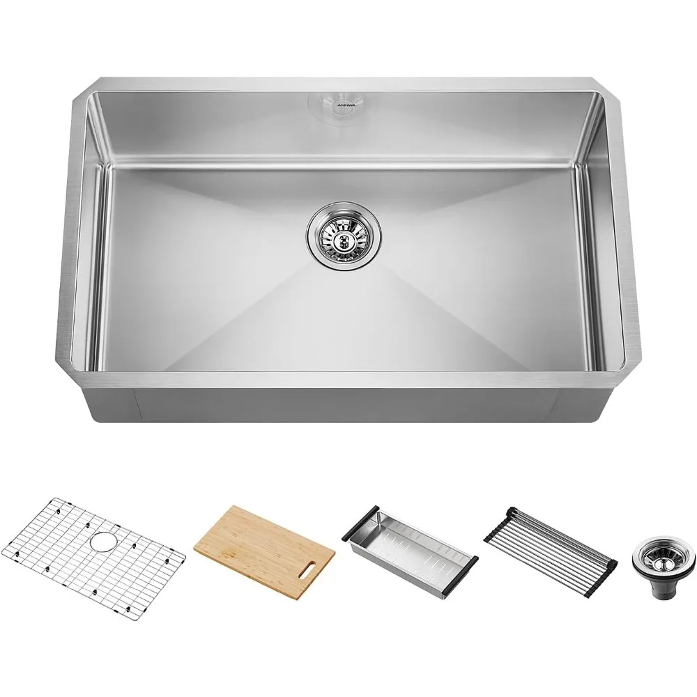 

Steel Kitchen Sink 32x19x10 Inches With Colander, Cutting Board, Fold Rack, Bottom Grid, Drainer,