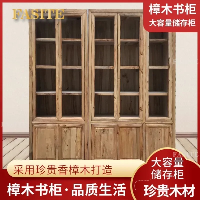 For Solid Wood Glass Bookcase Chinese Style Camphor Wood Study Office File Cabinet Storage Display Shelf with Door Furniture