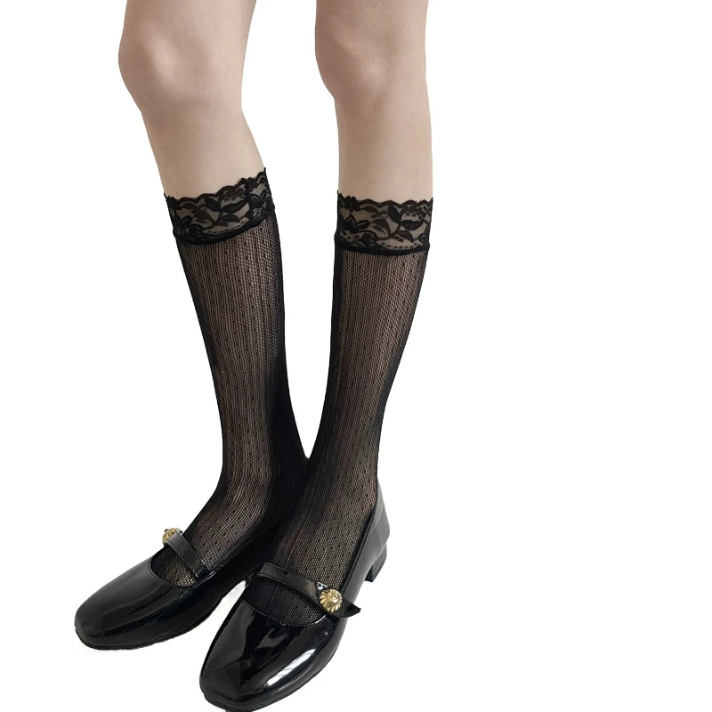 Lolita Lace Frilly Socks Stockings Women Hollow Polka Dot Mesh Fishnet Stockings Calf Socks Sweet Girl Knee Socks Women Stocking