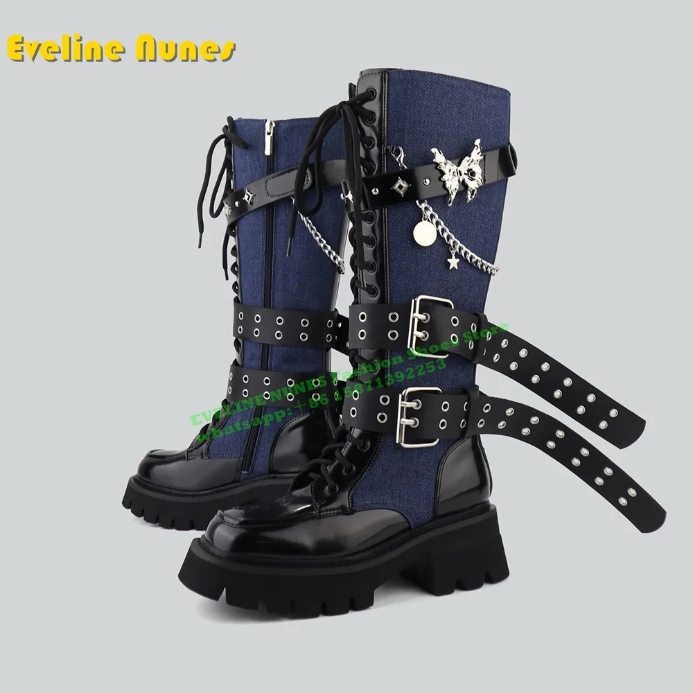 Belt Buckle Metal Chain Decoration Knight Boots Round Toe Tank Sole Patchwork Cross Tied Mixed Colors Knee High Boots 2025 Trend