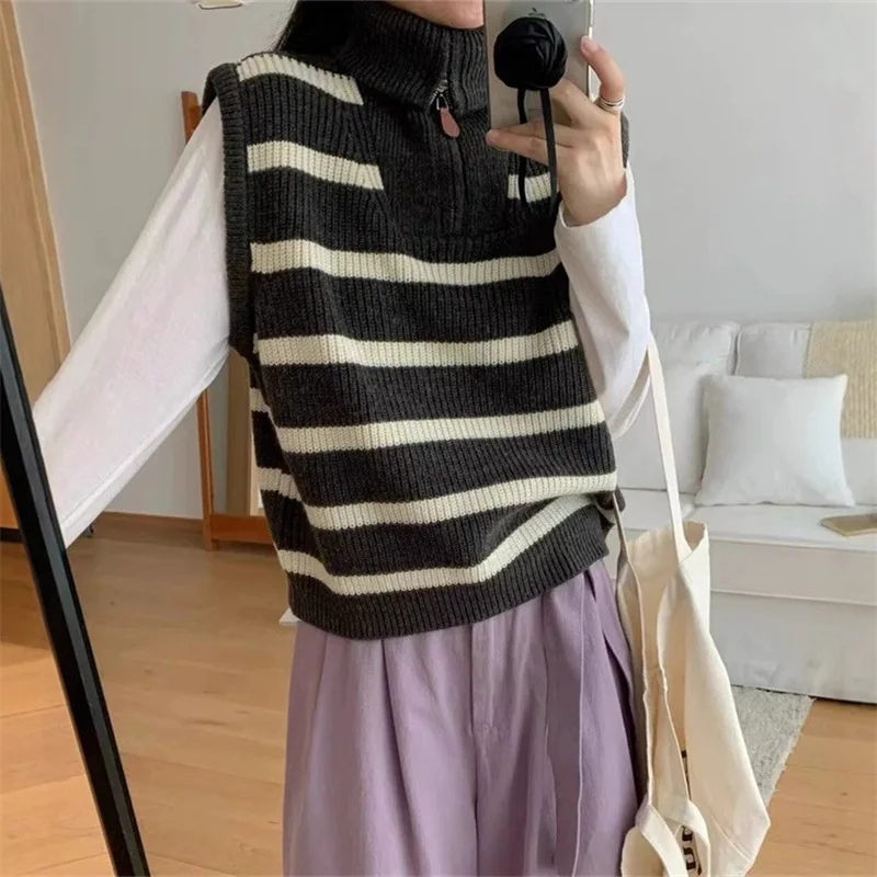 Striped Half-zipper Pullover Sleeveless Sweater Women's Autumn New Knitted Vest Vest Top