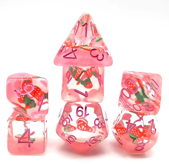 7Pcs/Set DND Dice Transparent Resin Sweet Strawberry Cute Steppe Lion Polyhedral Dice For Role-Playing Table Card RPG Board Game