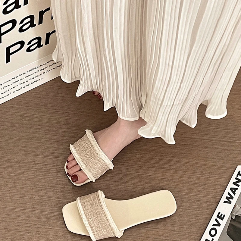Chinelos Open Toe Tassels para mulheres, sandálias de praia ao ar livre, slides de moda feminina, flats casuais, elegantes, verão