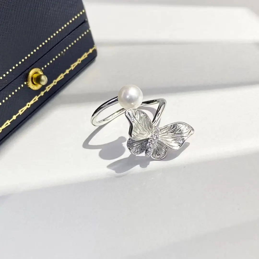 فراشة S925 فضة قابل للتعديل حلقة جبل إعدادات النتائج حوامل ملحقات أجزاء ل 6-7 مللي متر اللؤلؤ 5 قطعة/الوحدة #4