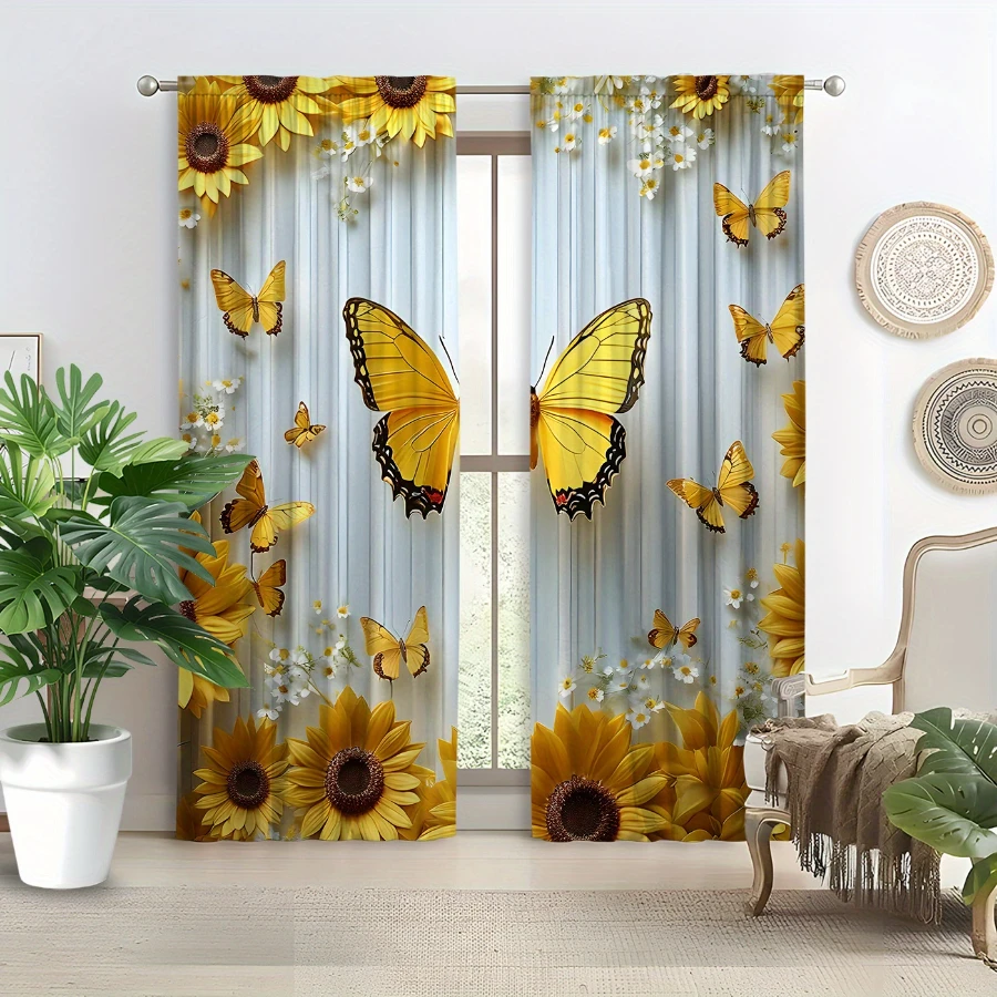 2PCS Digital Printed Curtains, Sunny Day Golden Butterfly Pattern, Stylish Window Treatment for Living Room Bedroom Decor