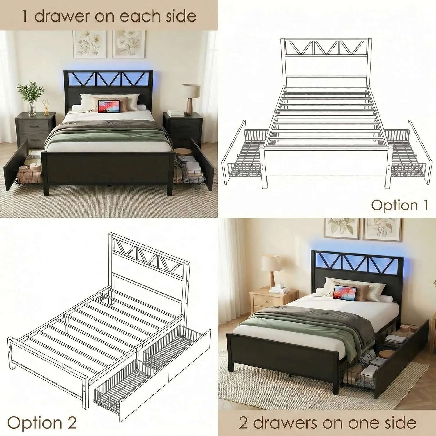 Twin XL Bed Frames with 2 Storage Drawers, Lights, Charging Station