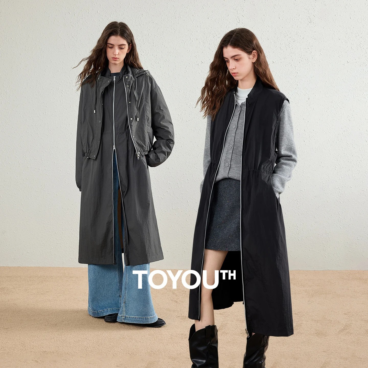 TOYOUTH Womens Down Jacket 2026 Winter New Three Wear Functional Design Hooded Outerwear With Dress Two Piece Set
