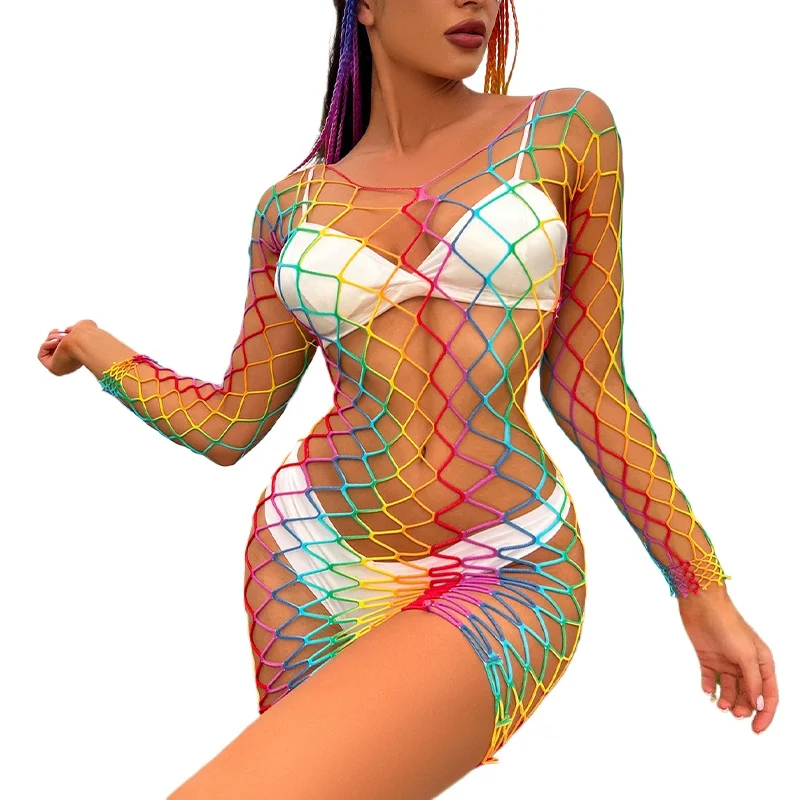 

Sexy Lingerie Women Rainbow Babydolls Dresses Bodycon Dress Fishnet Clubwear Perspective Christmas Valentine's Day Sexy Cosplay