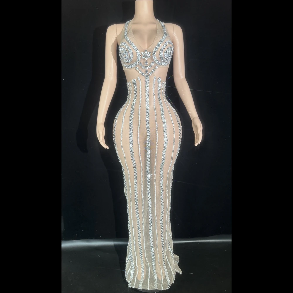 Ropa para sesión de fotos de mujer, disfraz de cantante, traje Sexy de malla transparente con espalda descubierta, vestido de cola para celebración de boda, noche, graduación y cumpleaños