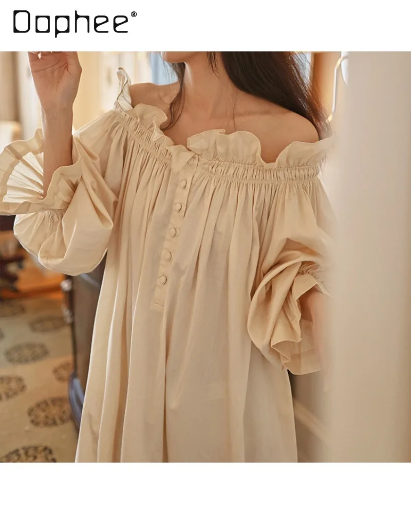 French Retro Gentle Girl's Nightdress Splicing Ruffled Round Neck Off-Shoulder Long Sleeve Loose Nightgowns Women Loungewear