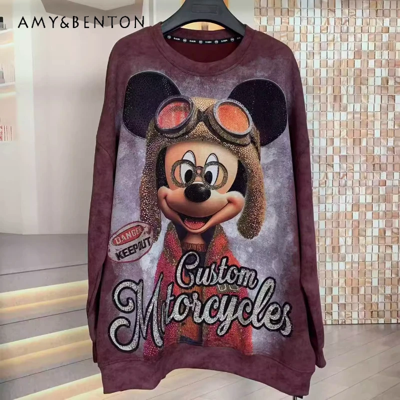 

Autumn Winter New Heavy Industry Full Diamond Glasses Cartoon Sweatshirt Fashion Oversized Loose Round Neck Hoodies Pullover Top