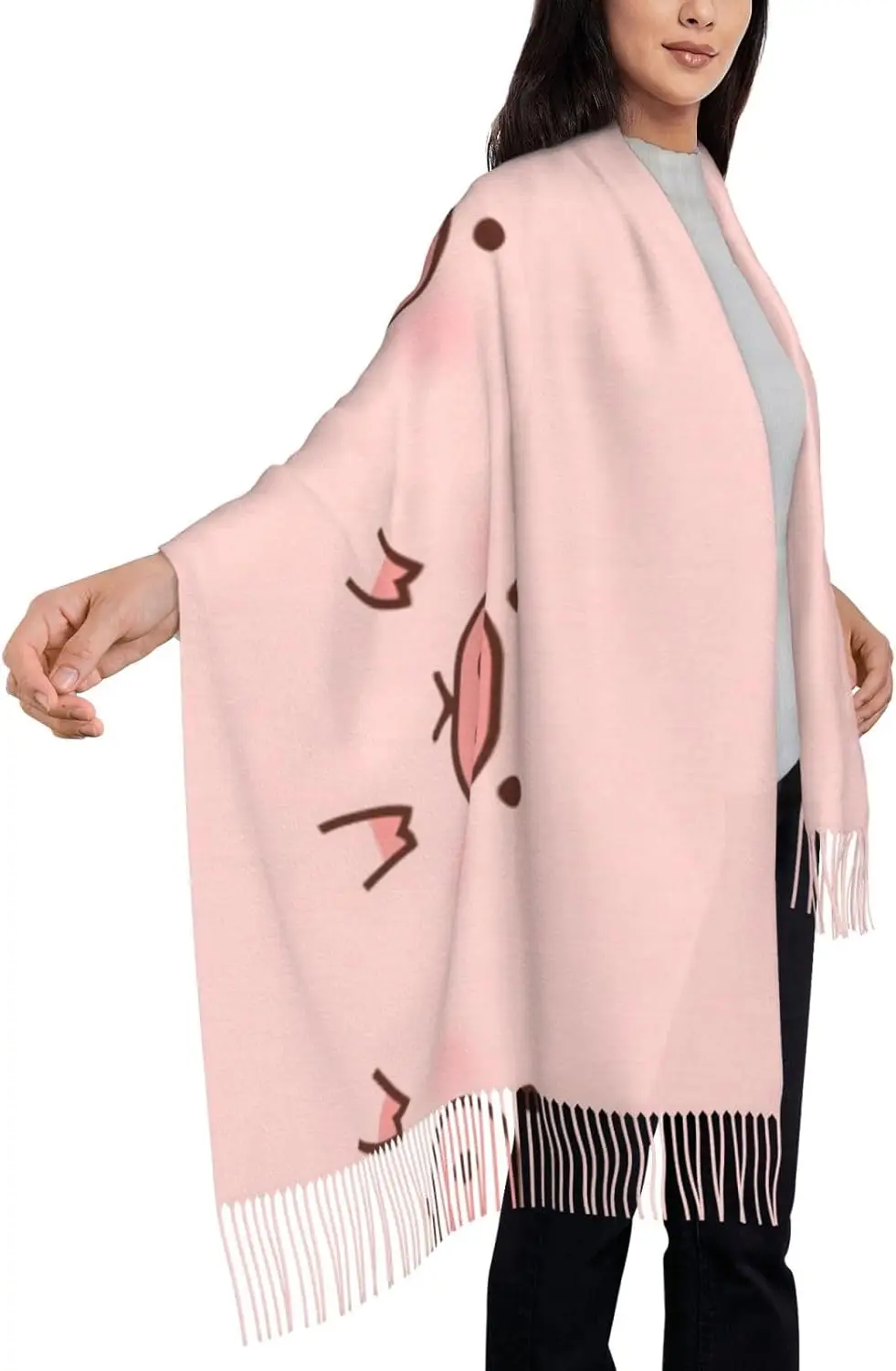 Uroczy szal z frędzlami z nadrukiem świnki, ciepły, miękki, idealny na jesień i zimę, lekki szal damski, modny dodatek na zimę.