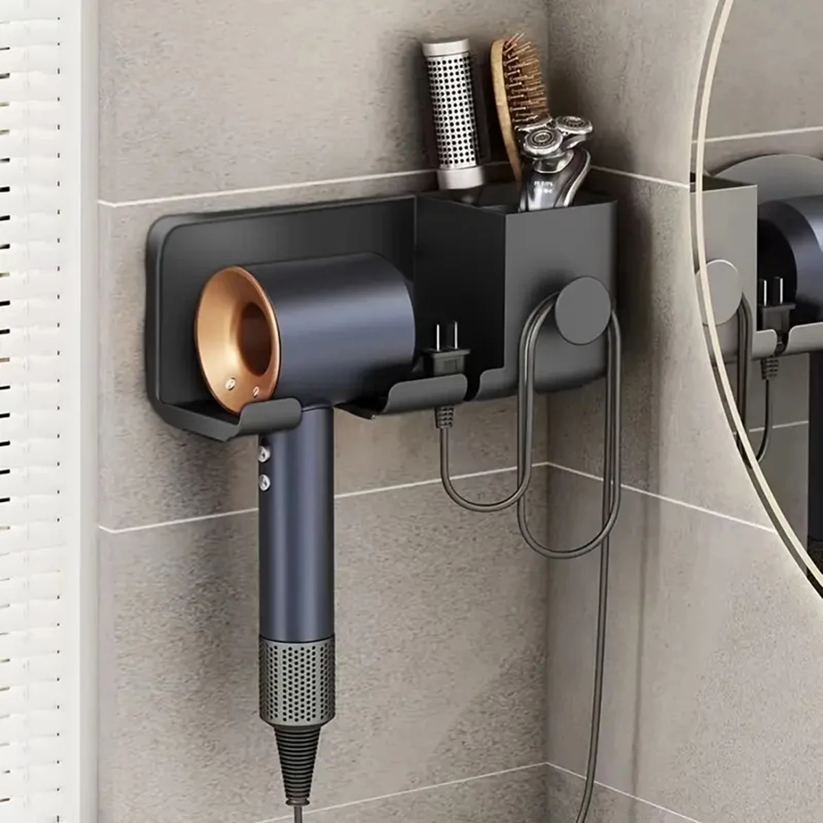 رف تخزين مجفف الشعر الكهربائي، حامل مثبت على الحائط للحمام بدون ثقب، رف تخزين جهاز تهوية الحمام