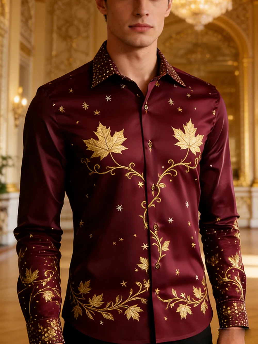 2025 Camisa ligera de lujo con estampado 3D de cadena de negocios para hombre, fiesta en casa, manga larga, botón de solapa, ropa hawaiana de manga larga para hombre