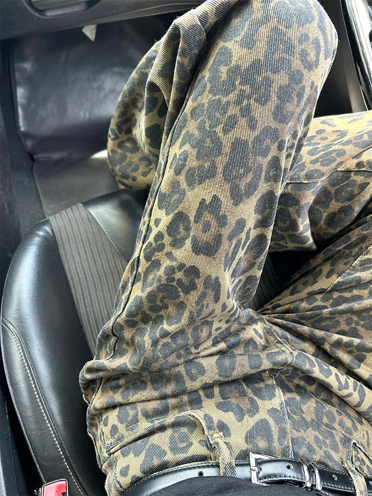 

Americana винтажные потертые джинсовые брюки с леопардовым принтом Y2k, драпированные широкие брюки с высокой талией, привлекательные женские летние брюки