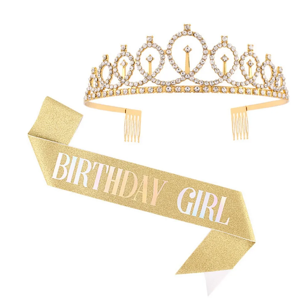 Rhinestone Birthday Girl Tiara Crown and Sash Glitter Birthday Girl Sash Gift for Girls Happy Birthday Party Decoration Supplies