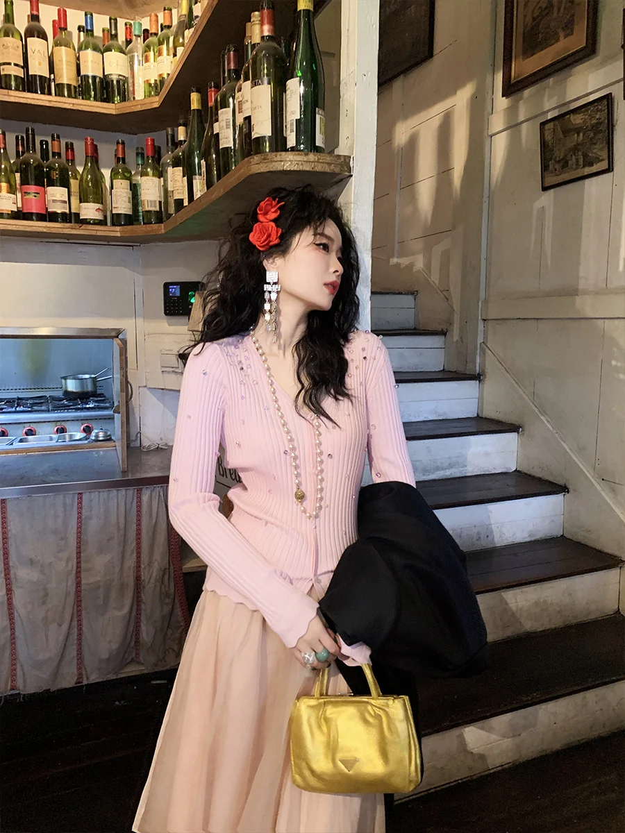 

Изысканный соблазнительный кардиган с V-образным вырезом, расшитый вручную стразами, с длинными рукавами, стандартного кроя, из шерстяной смеси, вязаный свитер для женщин