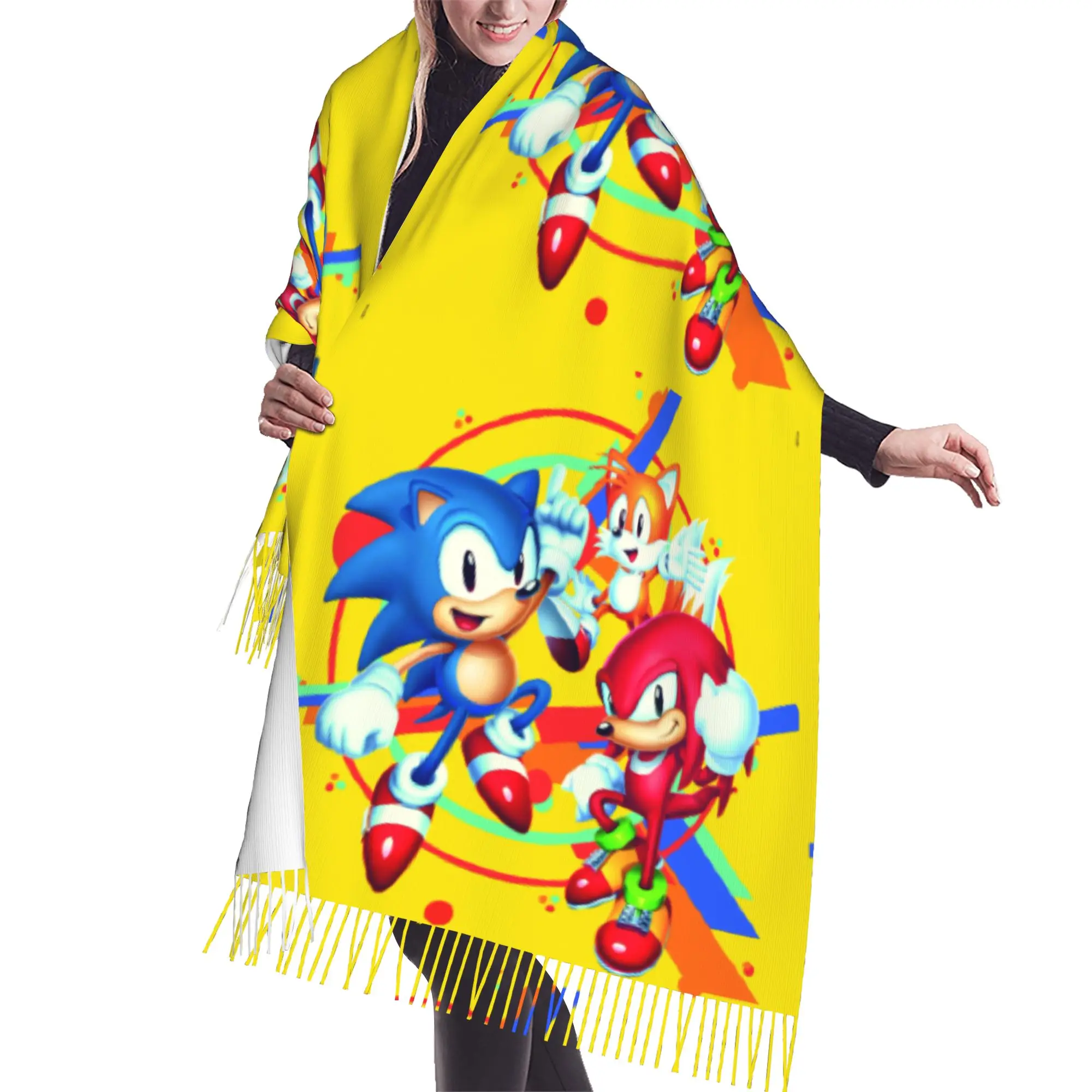 Custom S-Soniced Cartoon Tassel Scarf Women Soft Video Game Shawl Wrap Female Winter Fall Scarves