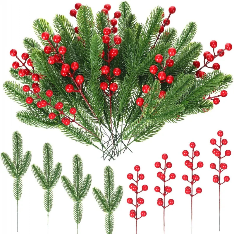 Ramas artificiales de árbol de Navidad, piñas y bayas, decoraciones navideñas DIY, perfectas para coronas y arreglos florales