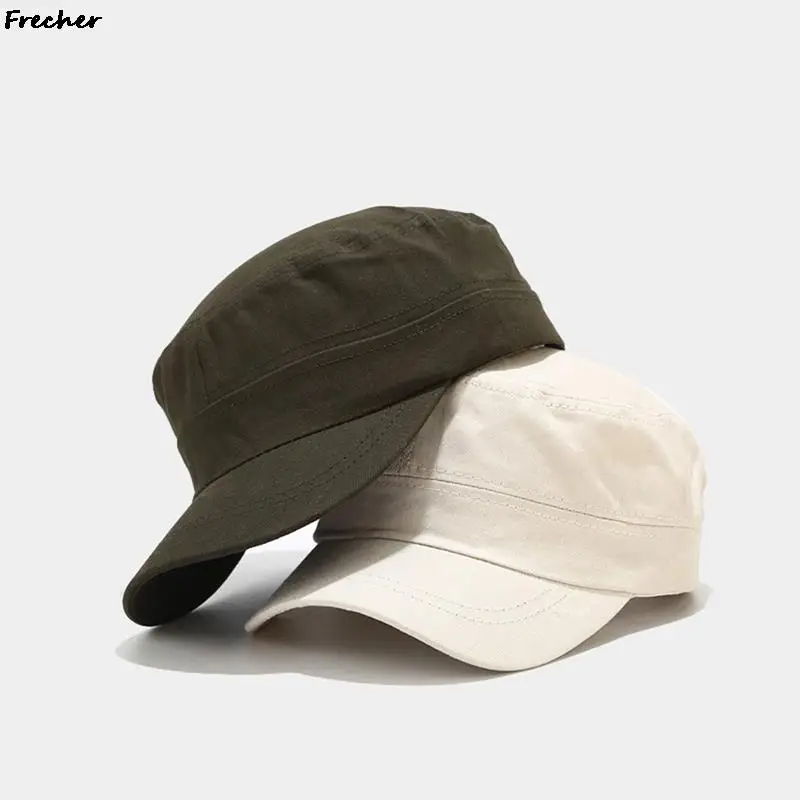 Mens Solid Color Visor Hat Breathable Cotton Army Cap Simple Plain Caps Adjustable Buckle Cadet Hats Man Casquette Comfortable