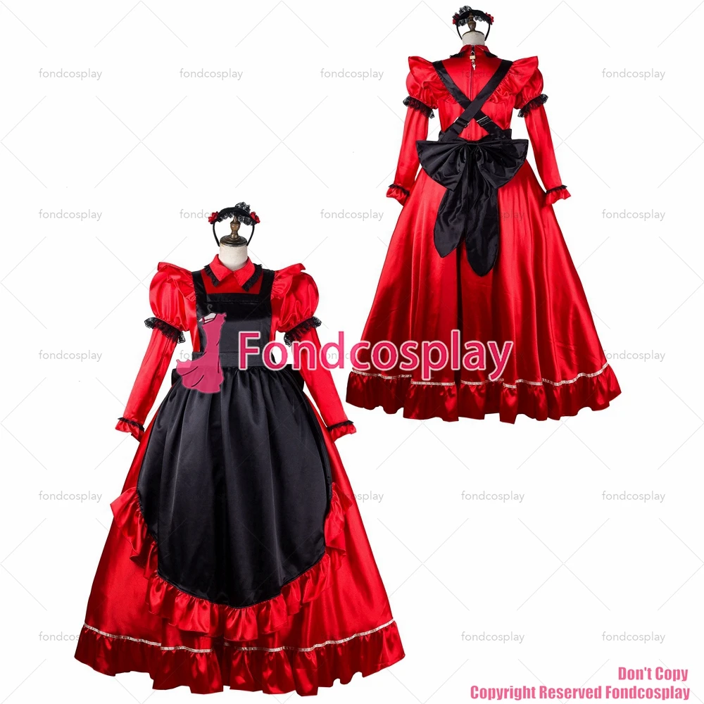 

fondcosplay adult sexy cross dressing sissy maid long red satin dress lockable black apron Uniform costume CD/TV[G2156]