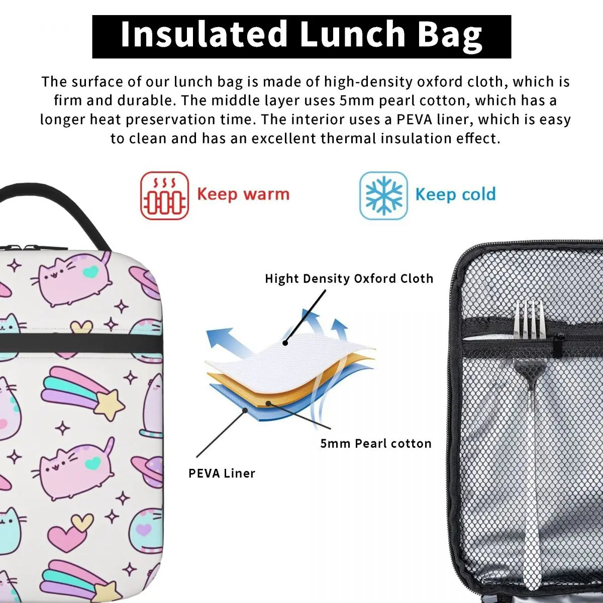 Funny Cute Pusheenns Insulated Lunch Bag Cooler Bag Meal Container Kawaii High Capacity Tote Lunch Box Bento Pouch Work Travel