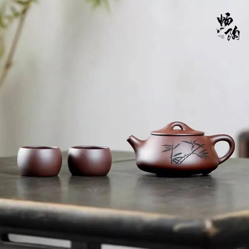 

[Changtao]Yixing Zisha Master Li Xingsheng's Handmade Original Purple Clay Bamboo Stone Pot Set 350Cc