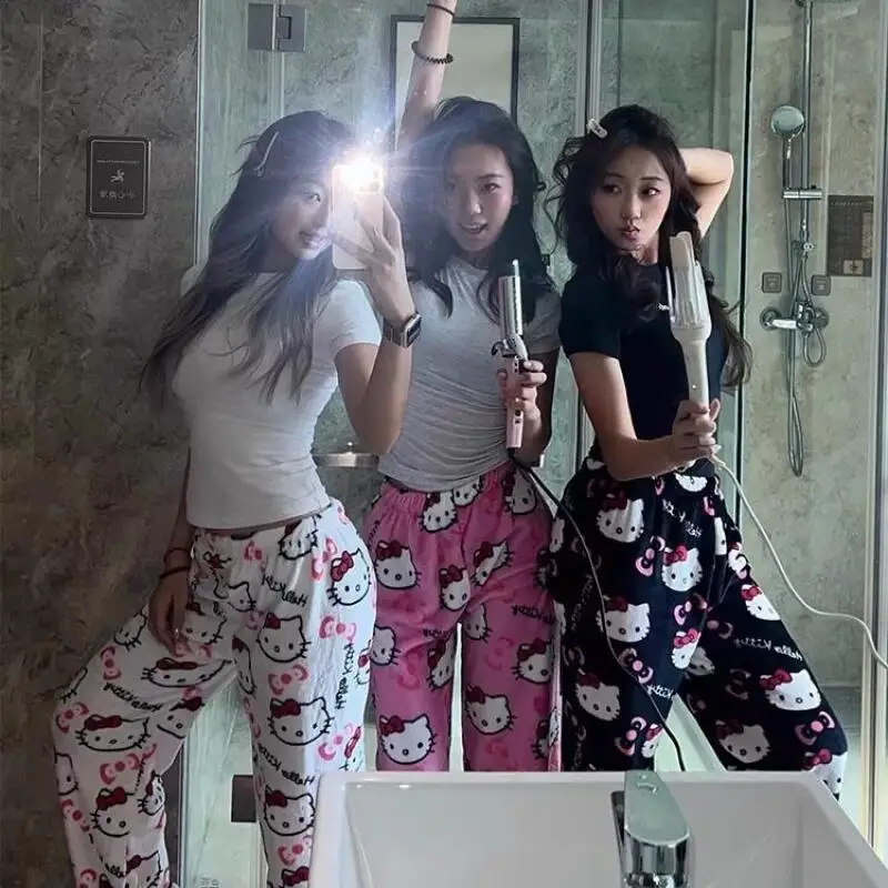 

Sanrio девушка Hello Kitty прямые брюки хлопок каваи студенческая мода широкие брюки с героями мультфильмов осень зима повседневный отдых новый стиль