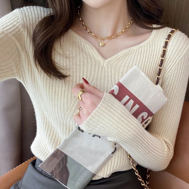 ITOOLIN Autumn Winter Women Long Sleeve Knit Warm Casual Pullovers V-Neck Slim Bottoming Sweater For Women Office Sweater 2023