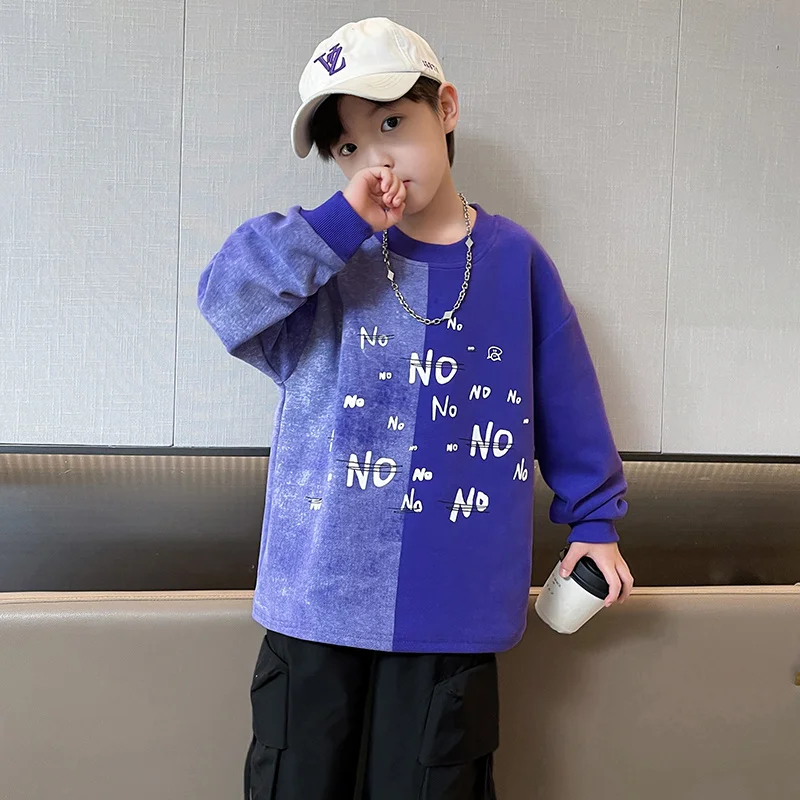 New Autumn Korean Style Children Cotton Sweatshirt With Letter Print For Boy Patchwork Clothes For Kids Teenager Tee Tops 5-14Y