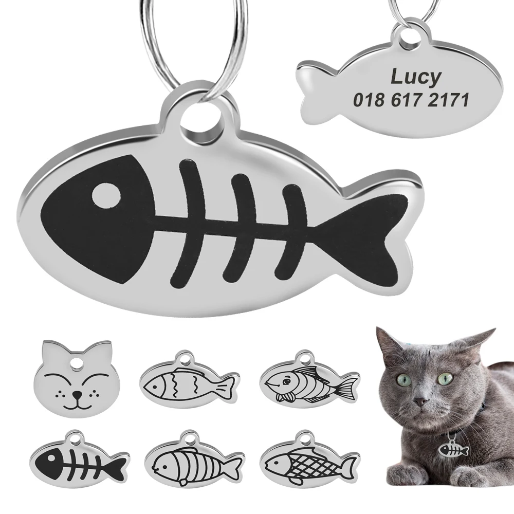 Personalized Cat Id Tag Custom Cats Kitten ID Tags Engraved Cat Collar Pendant Necklace Pet Accessories Cat Face Fish Shape