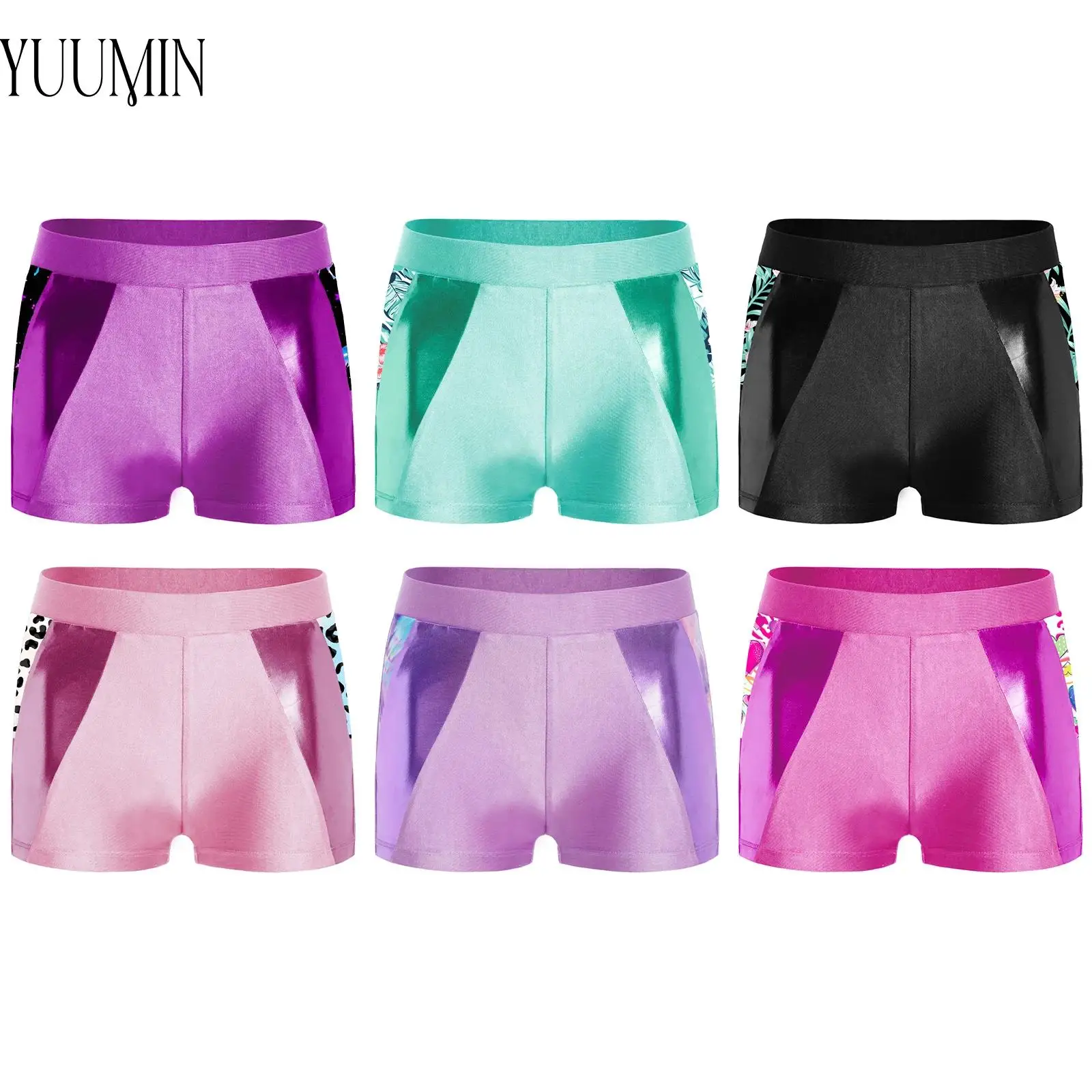 

Kids Breathable Fitness Shorts Girls Elastic Waistband Metallic Printed Athletic Shorts Teens Sports Yoga Gymnastics Dance Wear