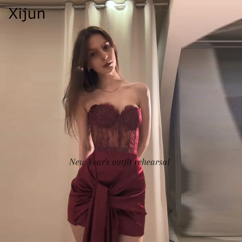 

Сексуальные короткие вечерние платья Xijun бордового цвета, коктейльные платья без рукавов с вырезом «сердечко», кружевные плиссированные платья для дня рождения, на заказ