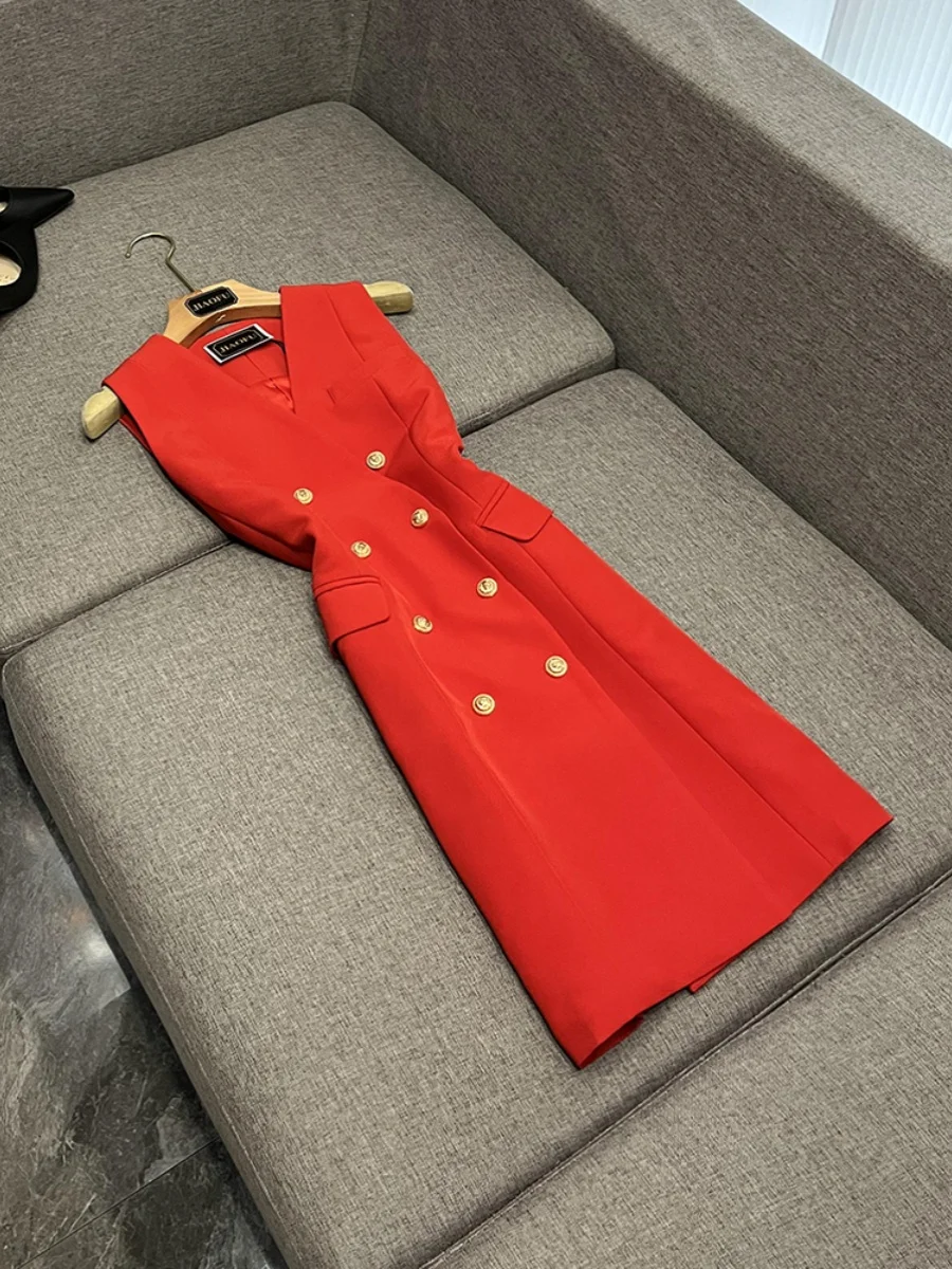

Slimming Red Double-Breasted Midi Suit Dr Women's Trendy Ci Commute V-Neline Ele Sle Spring Autumn Winter