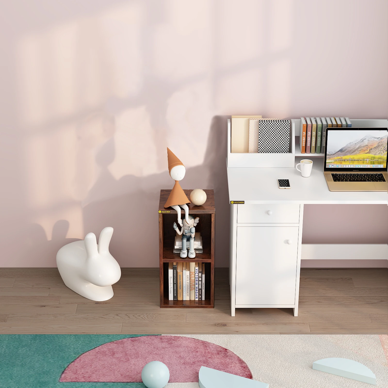 YQ JENMW Antique Wood Color High Grade Small Bookcase, Simple Living Room Storage Cabinet, Rental House Storage Rack