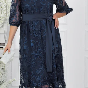 فستان كوكتيل بحجم كبير ، فستان برقبة مستديرة ، 5/4 أكمام ، حزام زهرة مطرز ، فستان وصيفة الشرف ، صناعة ثقيلة ، 2420 # أفضل 6 فساتين وصيفة الشرف مبيعا بحجم كبير - No3