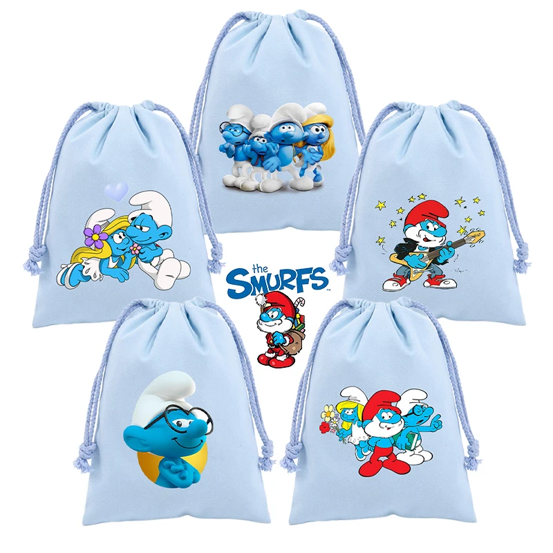 Anime Smurfs borsa con coulisse film Cartoon stampato Sport Boy Girl Childern Student Cute Portable Kid Party Hand Pocket Gift Pouch