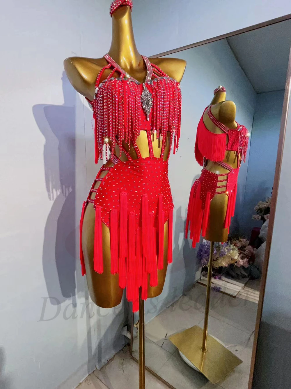 Robe de danse latine pour adultes et enfants, pierre AB, haut de gamme, personnalisé, pompon rouge creux, Cha Tango, vêtements professionnels pour femmes